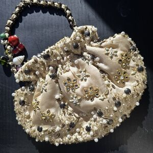 CHAN LUU Silk Beaded Evening Bag Metal Kiss Lock Bejeweled Enamel Lampwork Glass